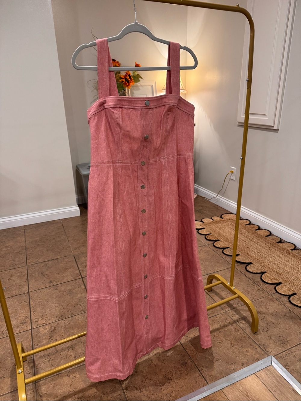 Button-Front Pink Midi Sundress with Wide Straps